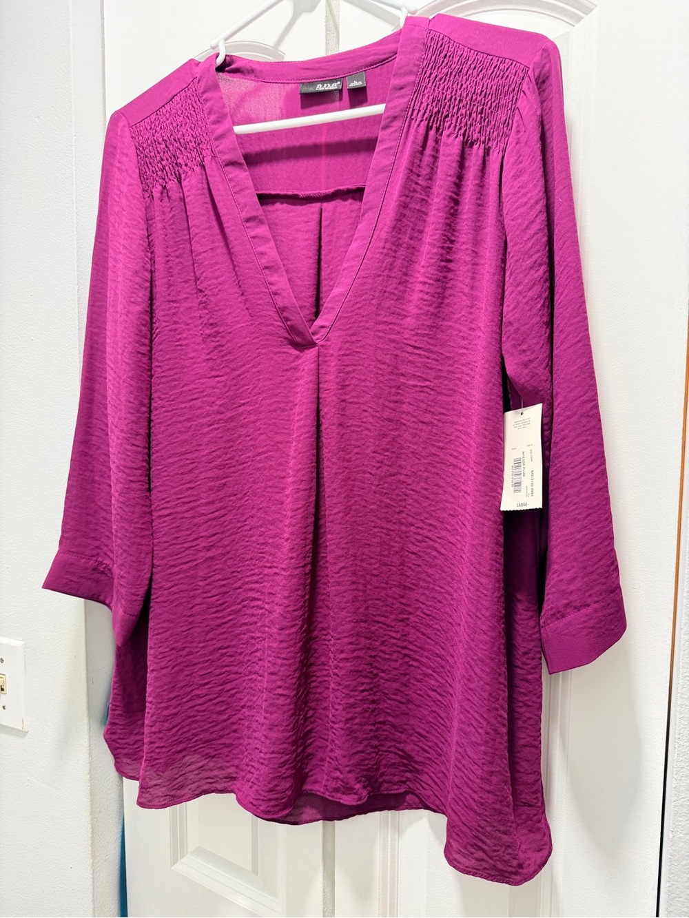 Magenta V-Neck Smocked Shoulder Blouse - Unknown Brand